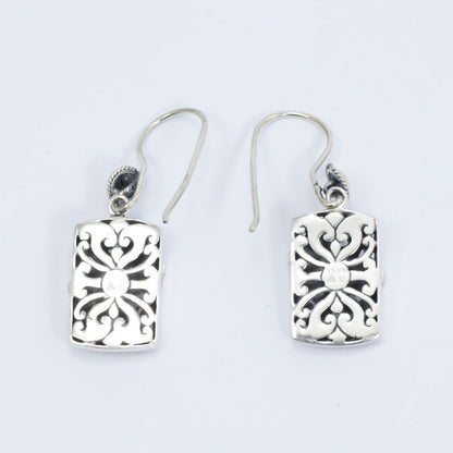 Square earrings dangle 925 sterling silver decorated with 18K yellow gold, dragonfly ornament and open work filigree