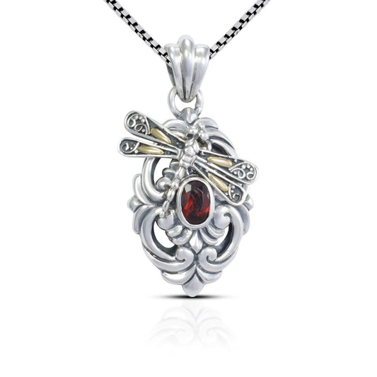 925 sterling silver pendant with genuine red garnet decorated with 18K yellow gold dragonfly and ornament art