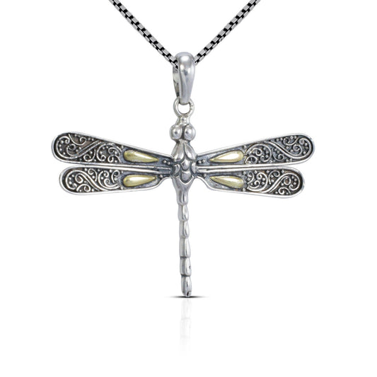925 sterling silver dragonfly pendant necklace with 18K yellow gold and detailed filigree art