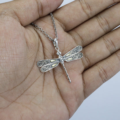 925 sterling silver dragonfly pendant necklace with 18K yellow gold and detailed filigree art