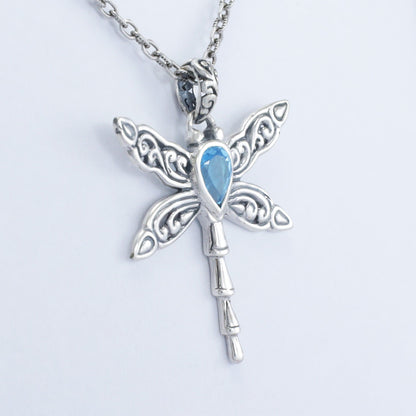 dragonfly pendant necklace 925 sterling silver with genuine blue topaz and swirl filigree ornament