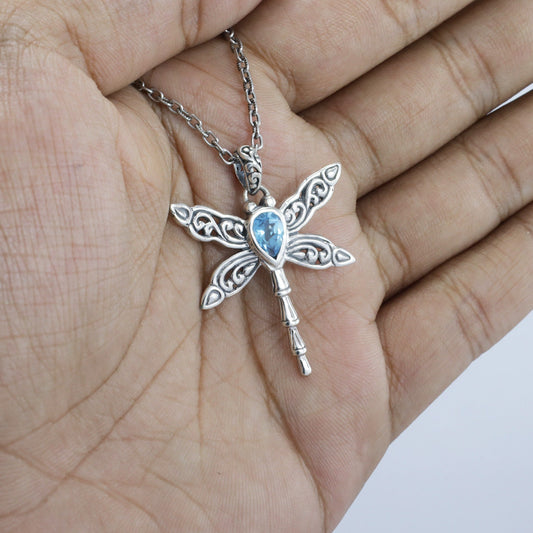 dragonfly pendant necklace 925 sterling silver with genuine blue topaz and swirl filigree ornament