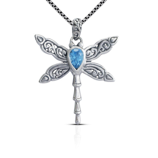 dragonfly pendant necklace 925 sterling silver with genuine blue topaz and swirl filigree ornament