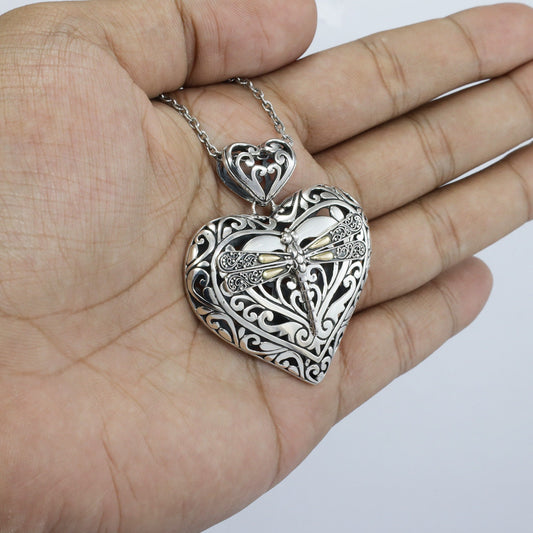 heart shape pendant necklace 925 sterling silver with beautiful ornament art and 18 K yellow gold dragonfly