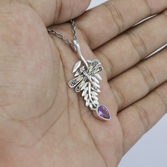 silver leaf pendant necklace 925 sterling silver with genuine amethyst and 18K yellow gold dragonfly ornament