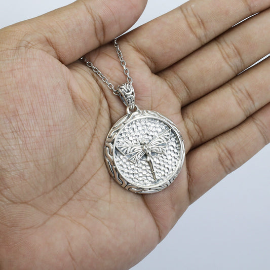 medallion pendant 925 sterling silver with dragonfly ornament art both side