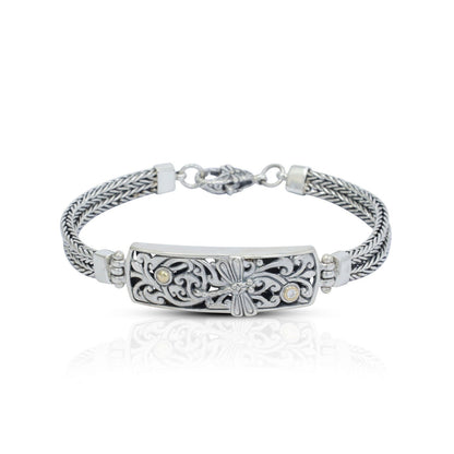 chain bracelet 925 sterling silver with real diamond, filigree ornament bar and 18K yellow gold