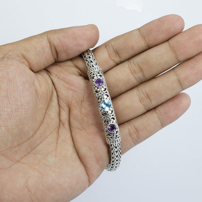 925 sterling silver bracelet 8.5" inch length decorated with genuine blue topaz and amethyst, woven chain bracelet
