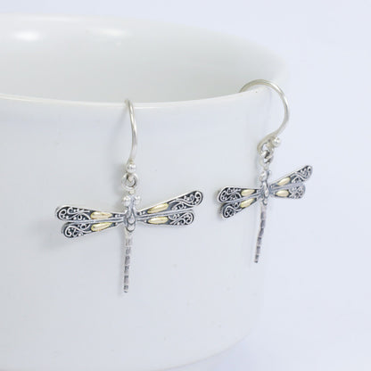 dragonfly earrings 925 sterling silver and 18K yellow gold decorated with detailed filigree ornament