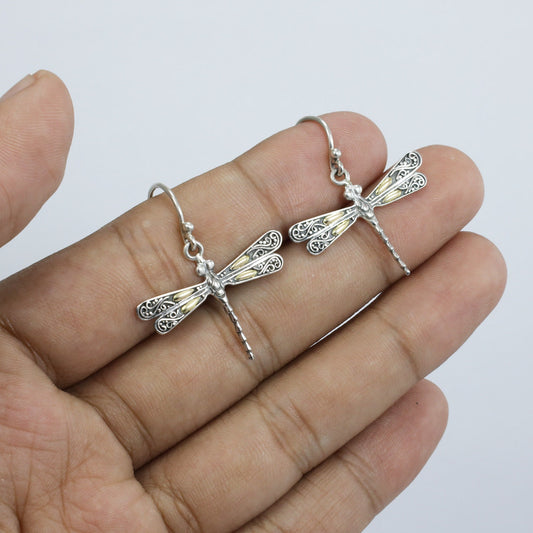 dragonfly earrings 925 sterling silver and 18K yellow gold decorated with detailed filigree ornament