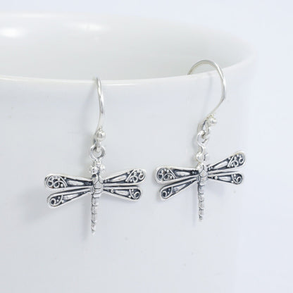 925 sterling silver dragonfly earrings decorated with filigree ornament