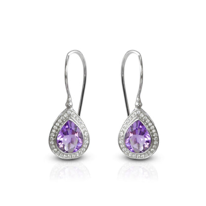 drop amethyst earrings 925 sterling silver rhodium coated with kidney lock