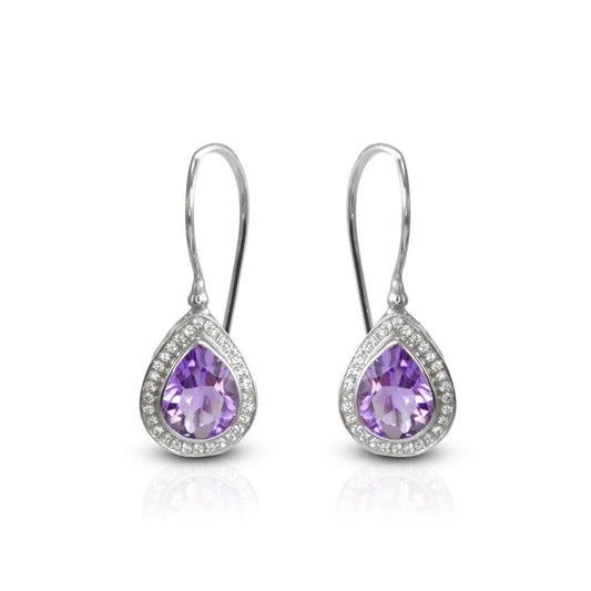 drop amethyst earrings 925 sterling silver rhodium coated with kidney lock