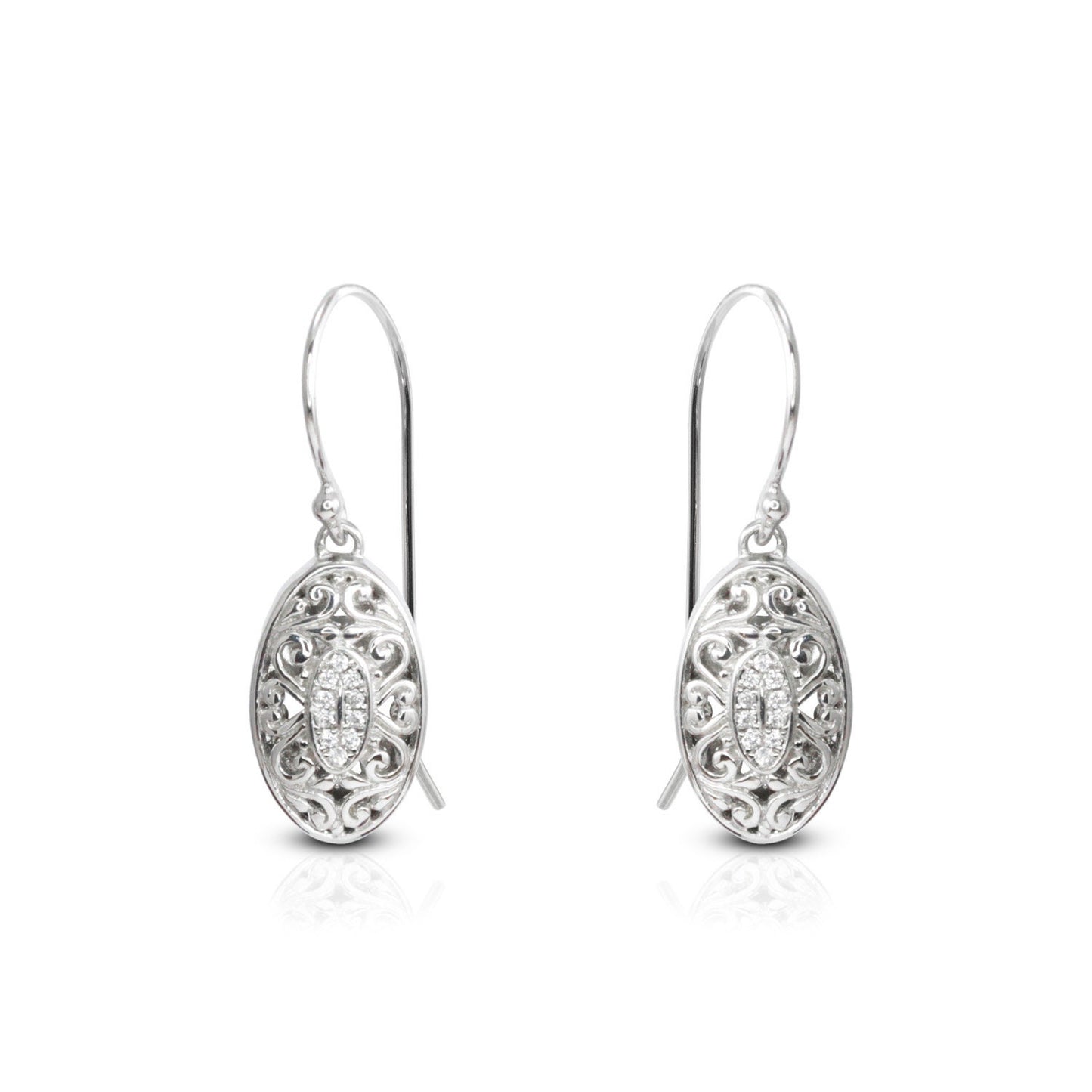 925 sterling silver earrings oval shape decorated with open work filigree and white zirconia