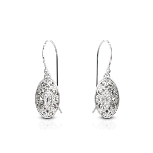 925 sterling silver earrings oval shape decorated with open work filigree and white zirconia