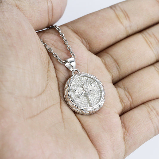 dragonfly medallion pendant 925 sterling silver with genuine white crystal