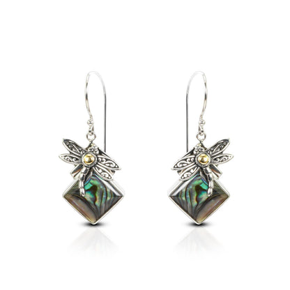 dragonfly earrings 925 sterling silver with 18K gold and natural abalone shell