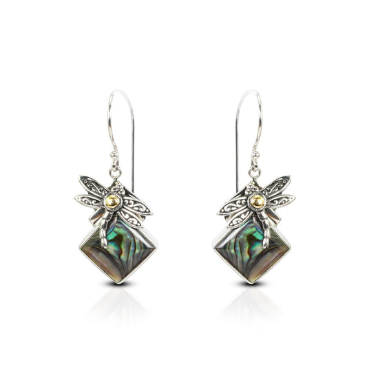 dragonfly earrings 925 sterling silver with 18K gold and natural abalone shell