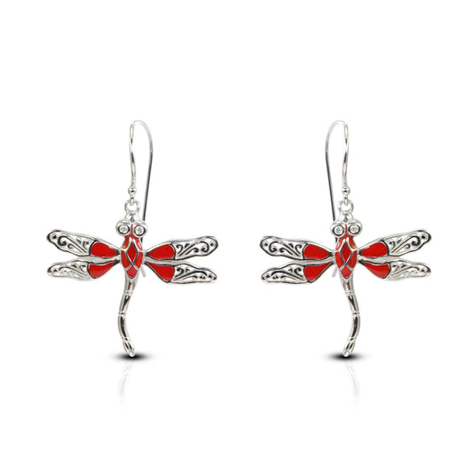 925 sterling silver dragonfly earrings decorated with filigree ornament and red glasses enamel