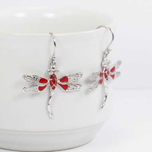 925 sterling silver dragonfly earrings decorated with filigree ornament and red glasses enamel