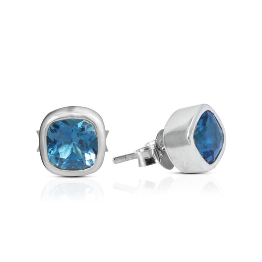 genuine London blue topaz earrings stud 6 mm square bezel set 925 sterling silver