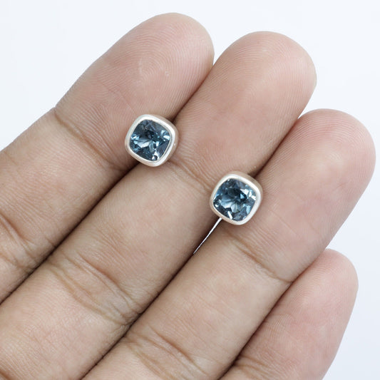 genuine London blue topaz earrings stud 6 mm square bezel set 925 sterling silver