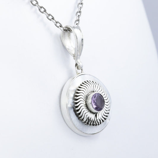 circle pendant 925 sterling silver with genuine gems stone and natural white shell