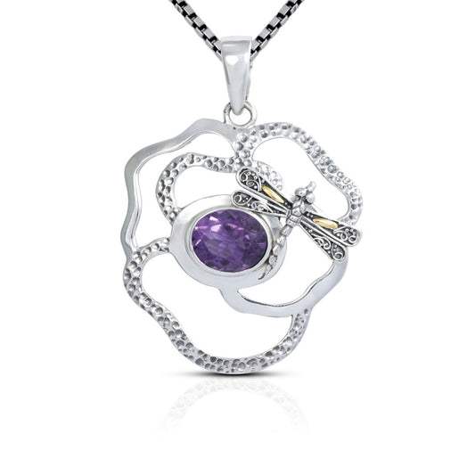 Genuine Amethyst Pendant Necklace double bezel set 925 sterling silver decorated with dragonfly 18K yellow gold, 10*13 mm oval amethyst