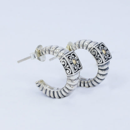 925 sterling silver hoop earrings decorated with flower filigree and 18K yellow gold dot