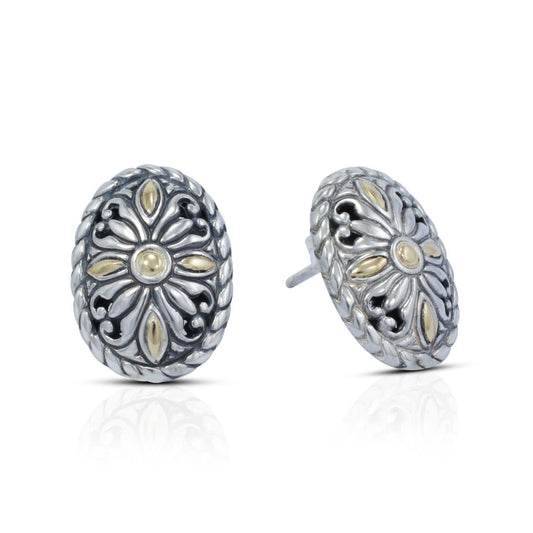 oval earrings stud 925 sterling silver decorated with ornament art and 18 K yellow gold