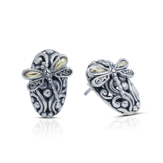 oval doom earrings stud 925 sterling silver decorated with filigree ornament art and 18 K yellow gold dragonfly
