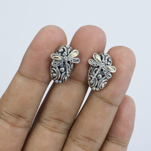 oval doom earrings stud 925 sterling silver decorated with filigree ornament art and 18 K yellow gold dragonfly