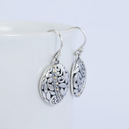 Round earrings 925 sterling silver and 18K yellow gold with beginning of life ornament seed and filigree
