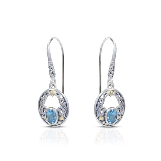 genuine blue topaz earrings dangle drop 925 sterling silver with 18K yellow gold and open work filigree ornament