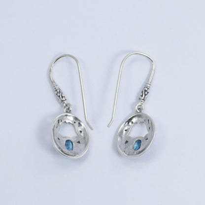 genuine blue topaz earrings dangle drop 925 sterling silver with 18K yellow gold and open work filigree ornament