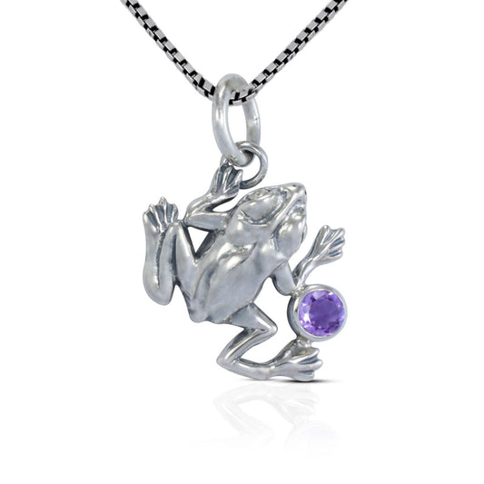 silver frog pendant necklace 925 sterling silver with genuine amethyst