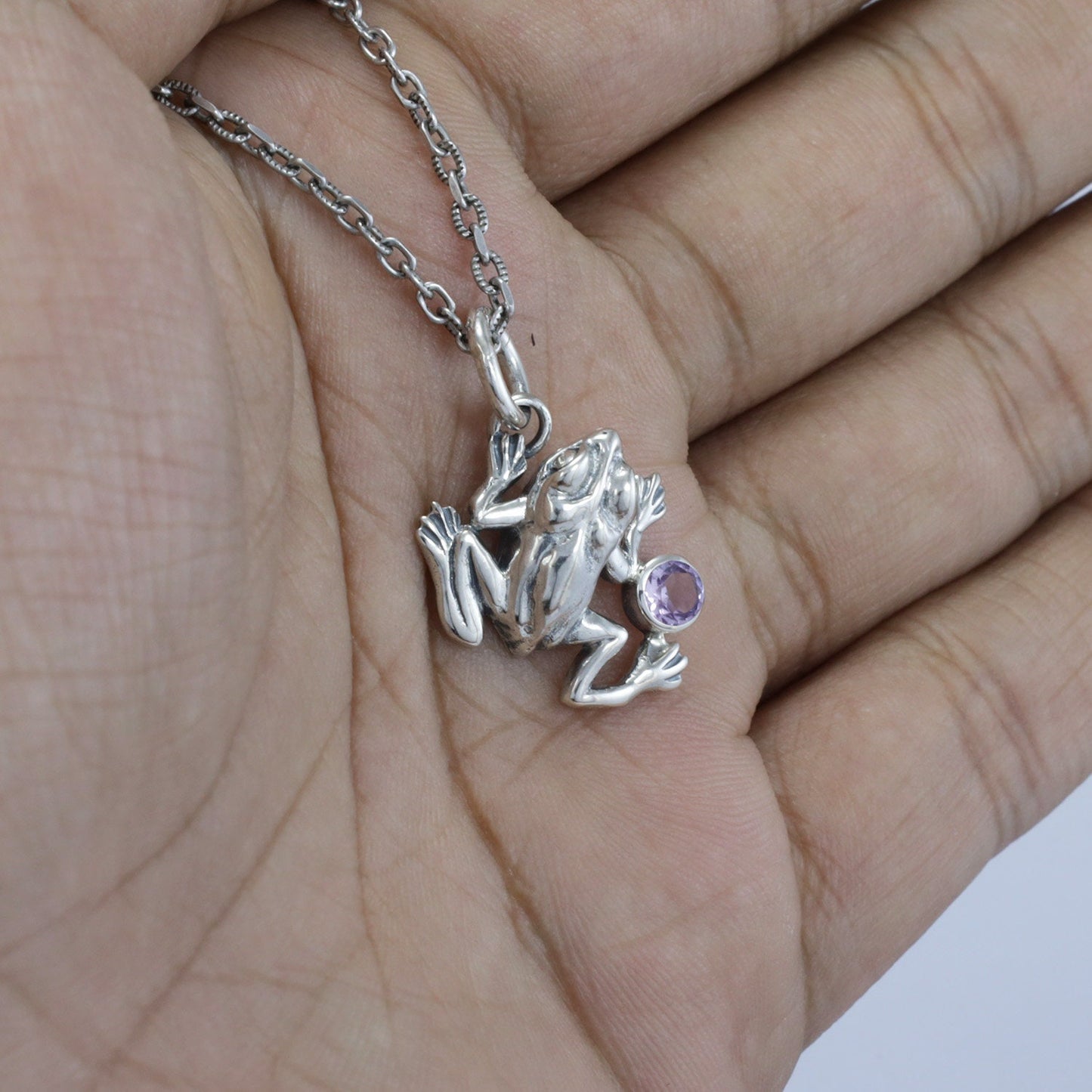 silver frog pendant necklace 925 sterling silver with genuine amethyst