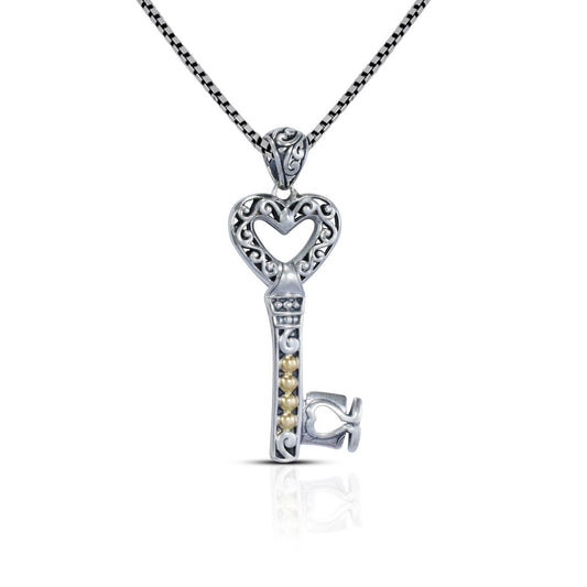 silver key pendant necklace 925 sterling silver and 18 K yellow gold decorated with filigree ornament