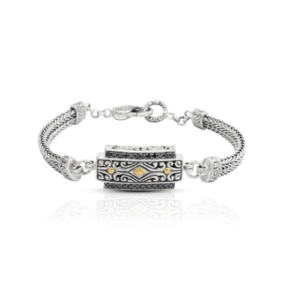 black diamond bracelet 925 sterling silver and 18K yellow gold with bar ornament and lobster claw lock