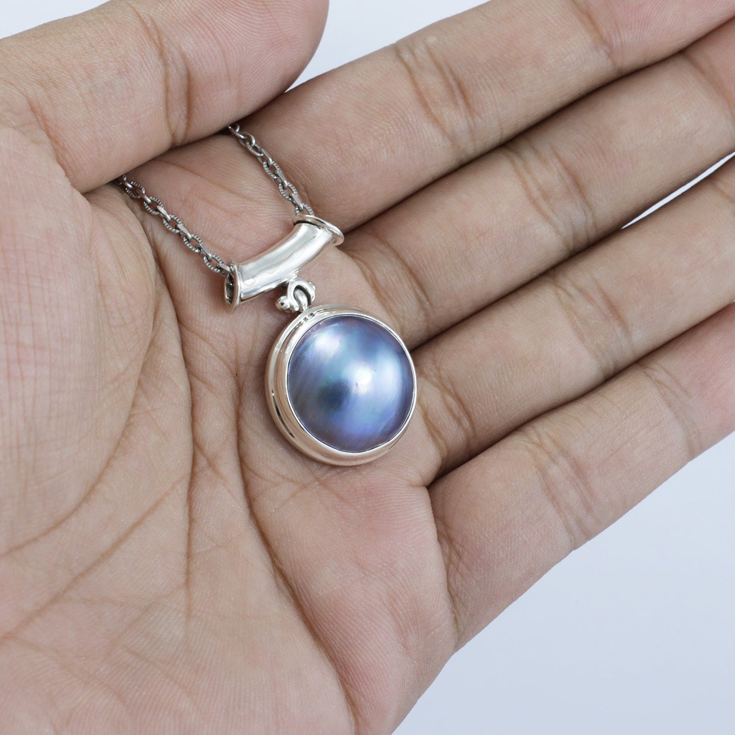 round blue mabe pendant necklace 925 sterling silver with double bezel set