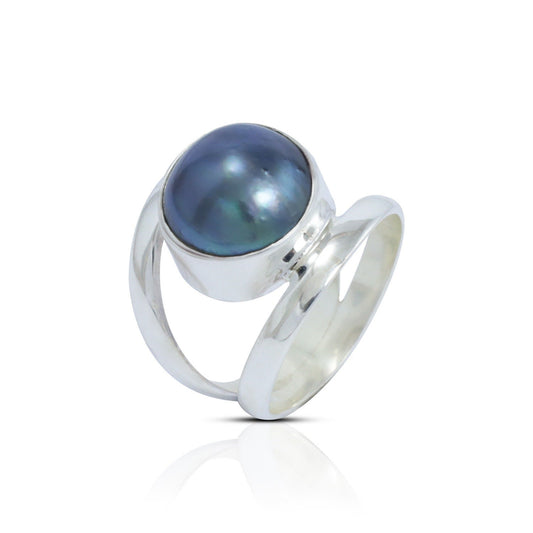Blue pearl ring 925 sterling silver with split shank ring style and bezel set