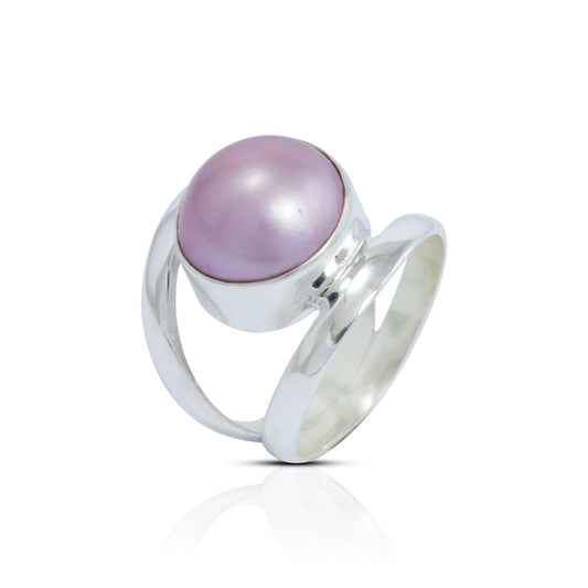 pink pearl ring 925 sterling silver with split shank ring and bezel set