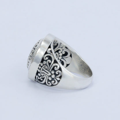 Round ring 925 sterling silver and 18K yellow gold with flower ornament and open work filigree