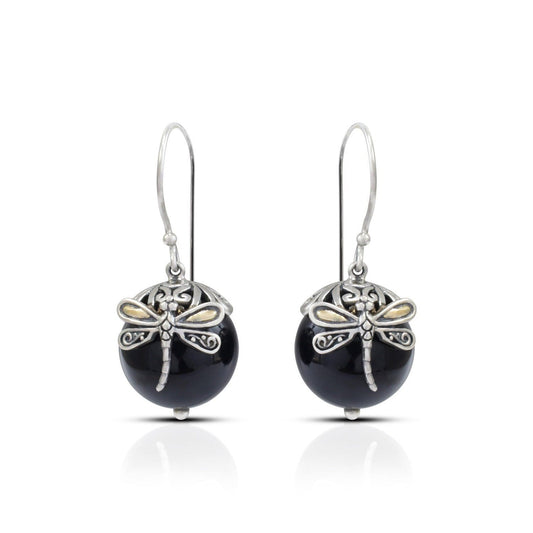 round onyx earrings 925 sterling silver and 18K yellow gold dragonfly ornament