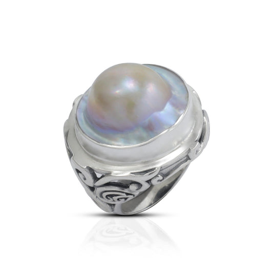 large blister mabe pearl ring 925 sterling silver decorated with swirl filigree ornament