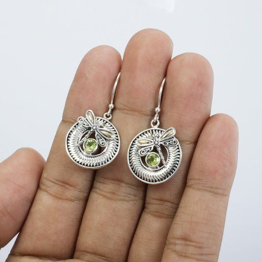 green peridot earrings 925 sterling silver and 18K yellow gold decorated with dragonfly ornament
