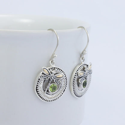 green peridot earrings 925 sterling silver and 18K yellow gold decorated with dragonfly ornament