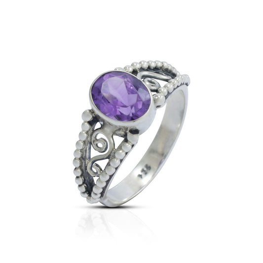 solitaire amethyst ring 925 sterling silver decorated with drop swirl filigree