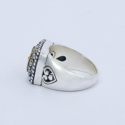 square signet ring 925 sterling silver and 18K yellow gold decorated with beautiful filigree ornament