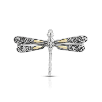Dragonfly pendant and brooch 925 sterling silver with 18K yellow gold decorated with swirl filigree ornament